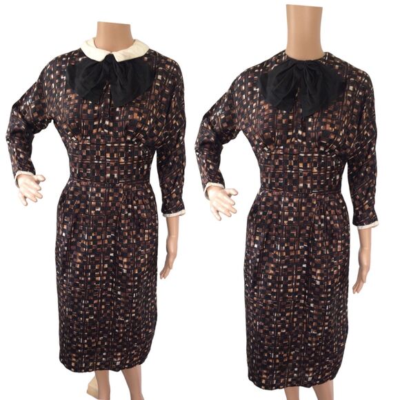 Vintage 50s Brown Print Dress Toni Edwards S - Picture 1 of 10